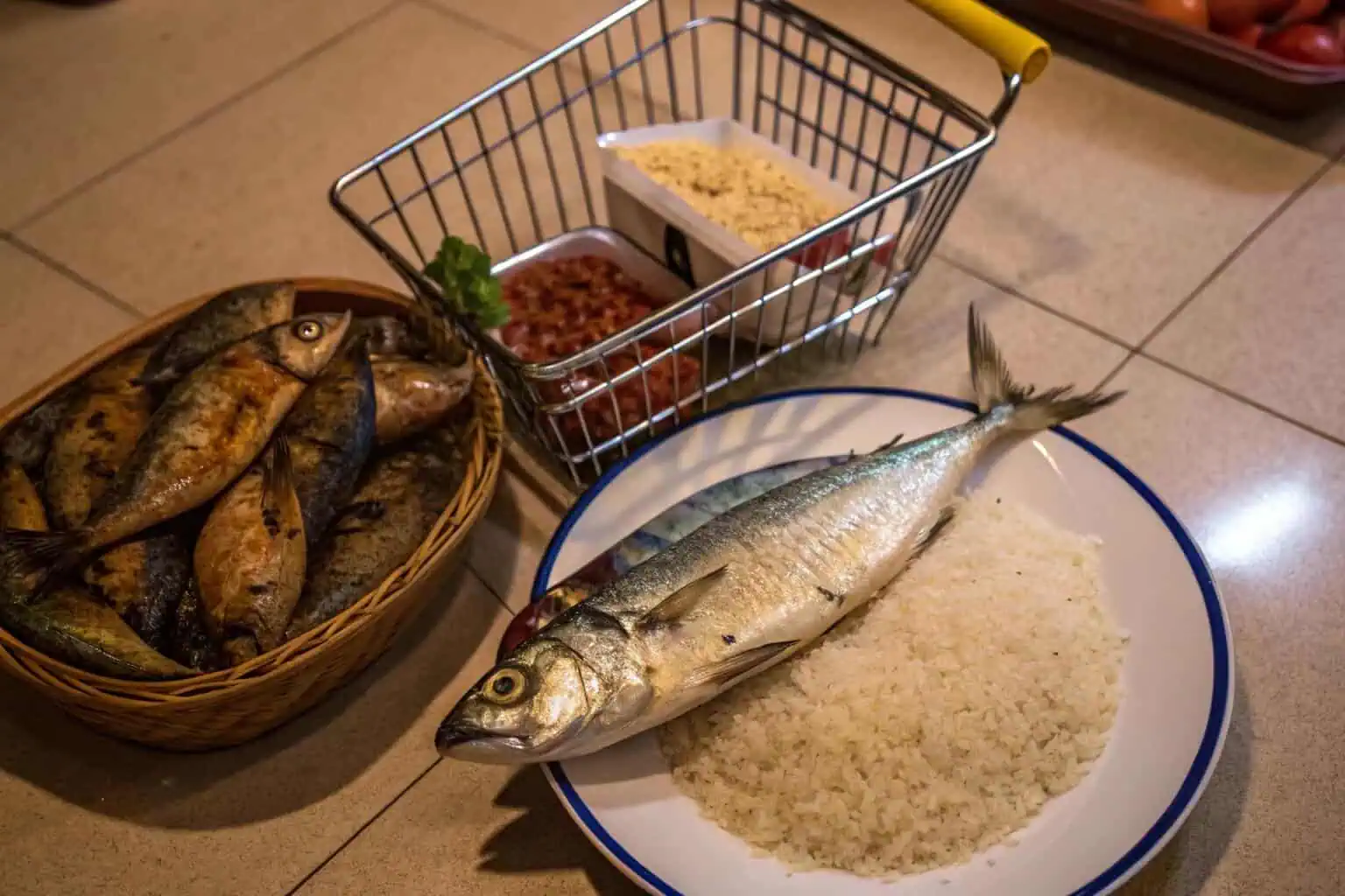 Display of various imported food items in Ghana with fish prominent