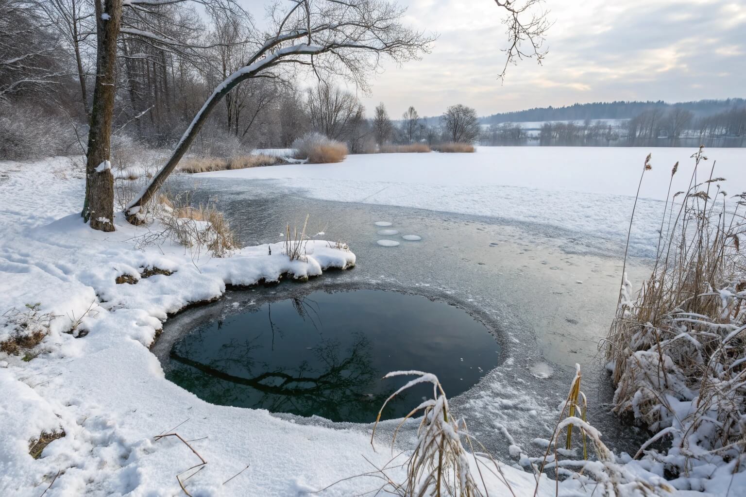 A pond in winter with a de-icer maintaining an open hole in the ice