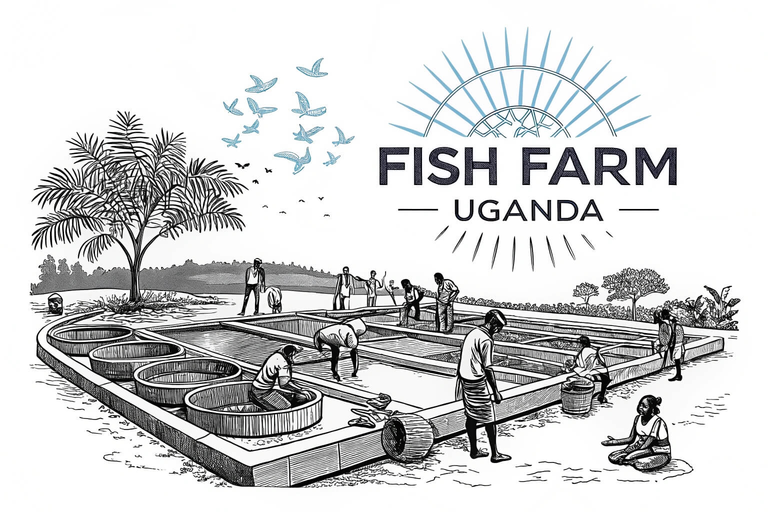 A thriving fish farm in Uganda with various ponds and happy farmers