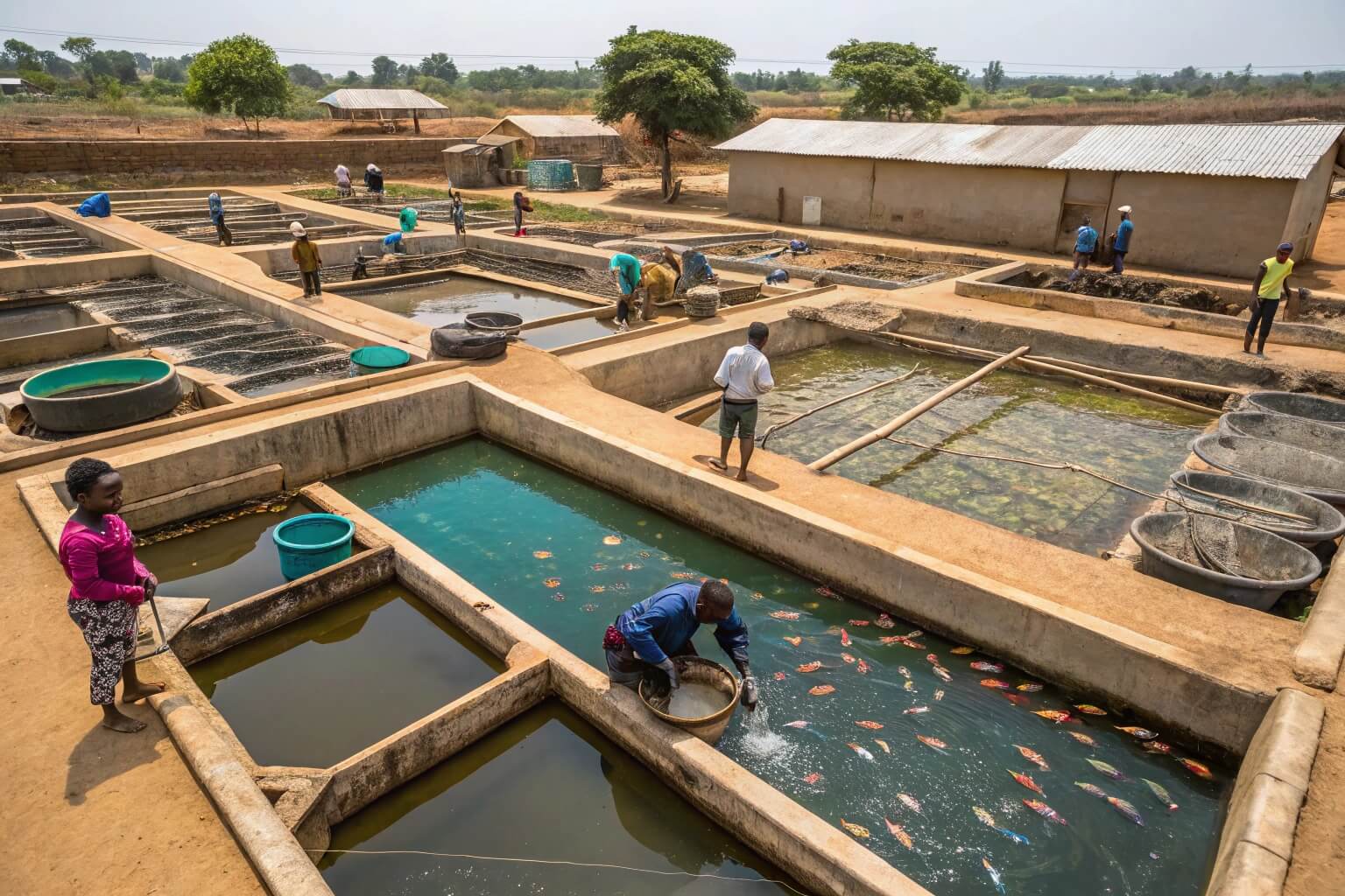 A bustling fish farm in Ghana with ponds and workers