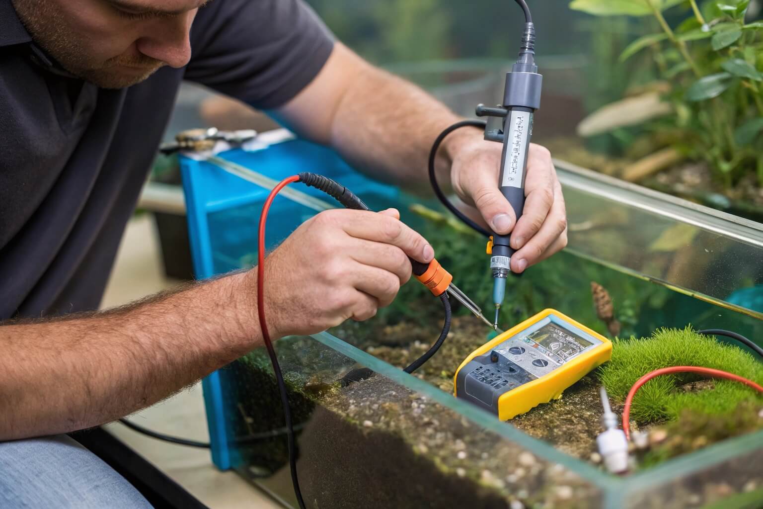 Aquaculturist checking water quality parameters in a fish tank