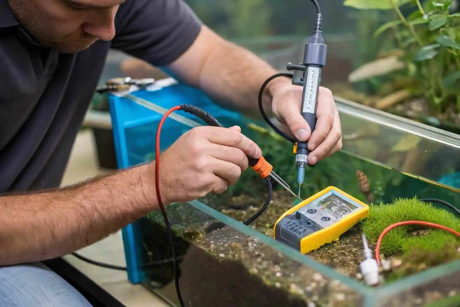 Aquaculturist checking water quality parameters in a fish tank
