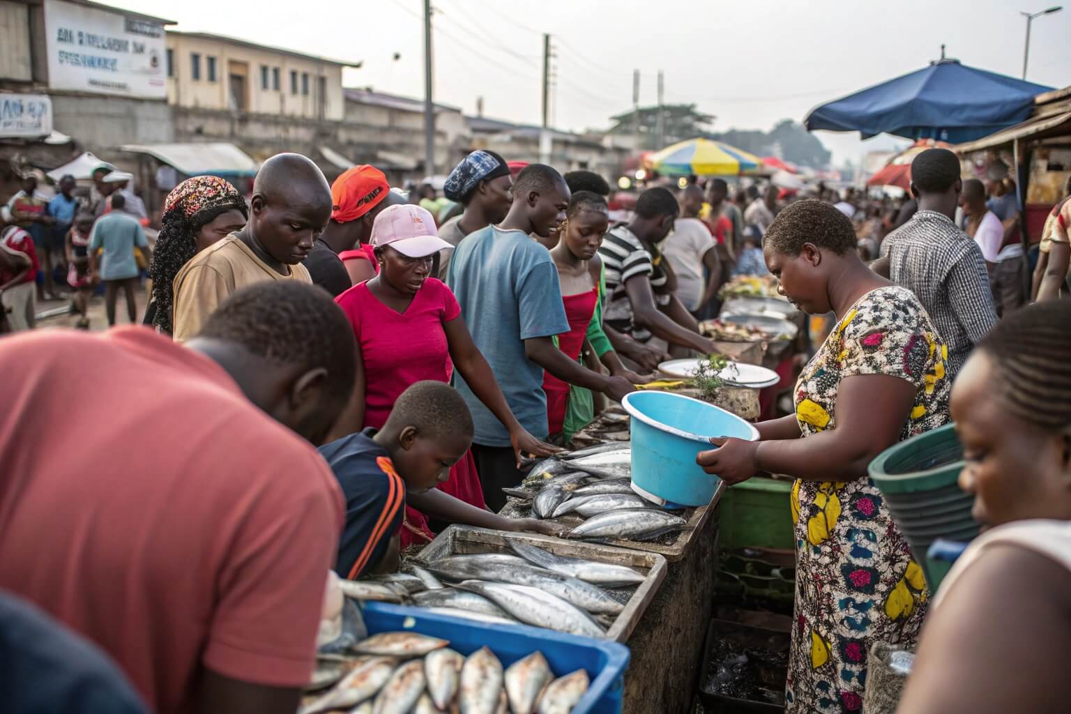 Busy Ghanaian fish market showing high consumer activity