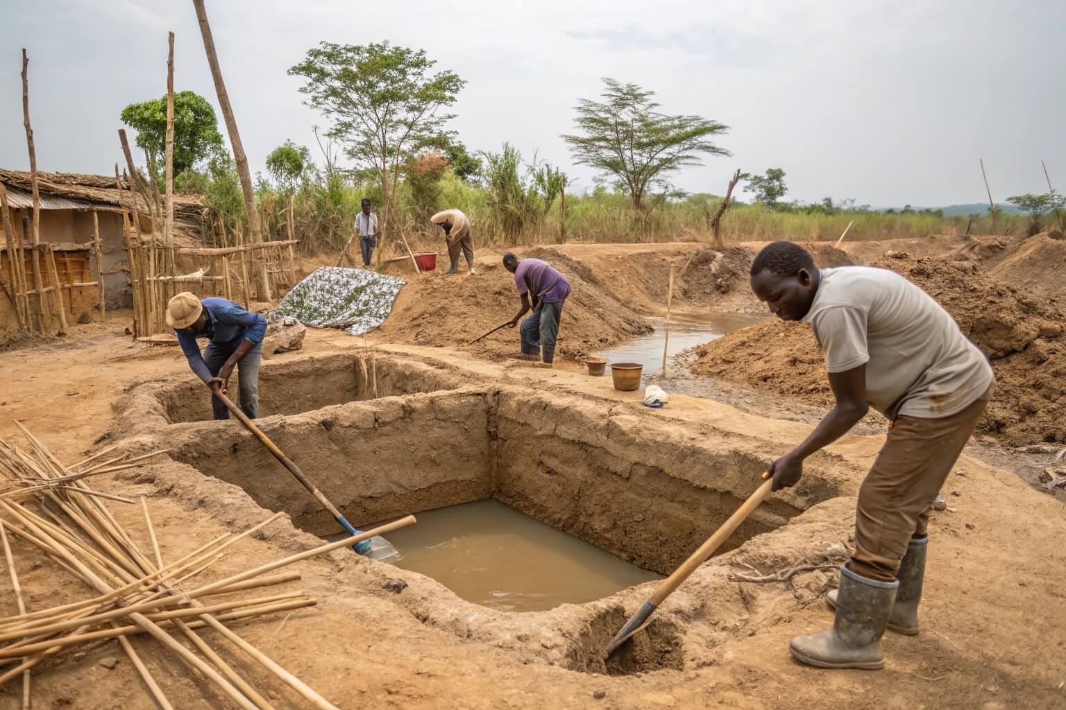 Construction of a fish pond in a rural Ghanaian setting