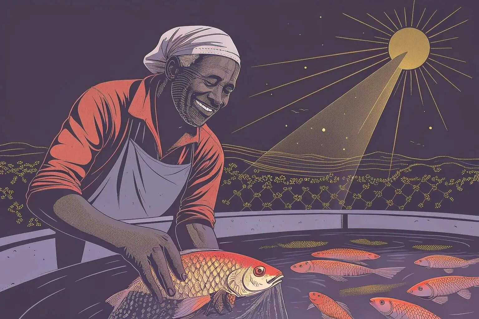 Successful fish farmer inspecting fish in a tank