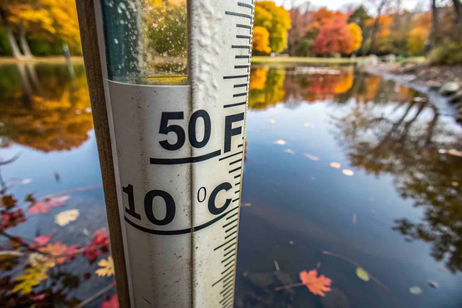 alt with keywords: thermometer showing pond water temperature in fall