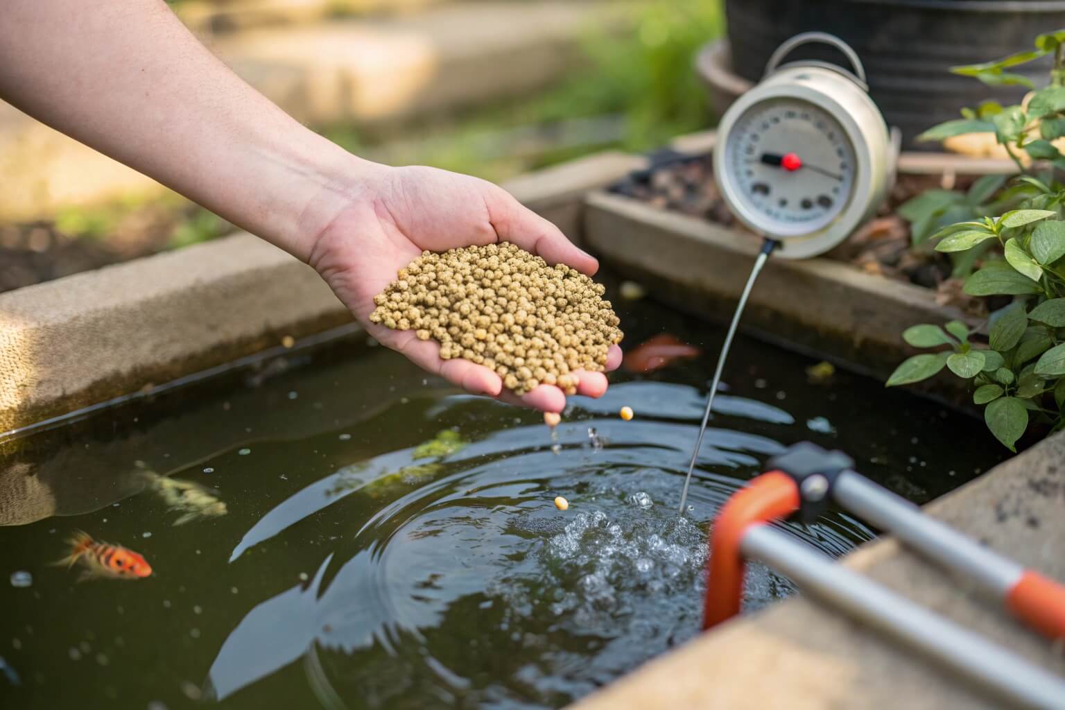 Hand feeding fish in a Bancy collapsible fish pond