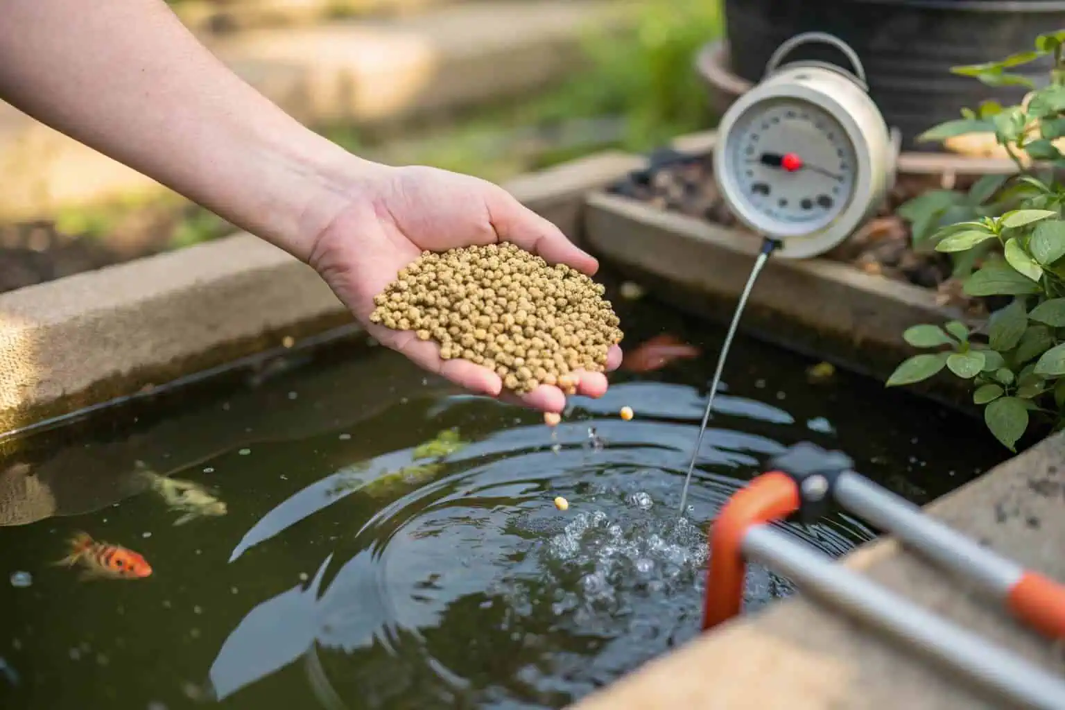 Hand feeding fish in a Bancy collapsible fish pond