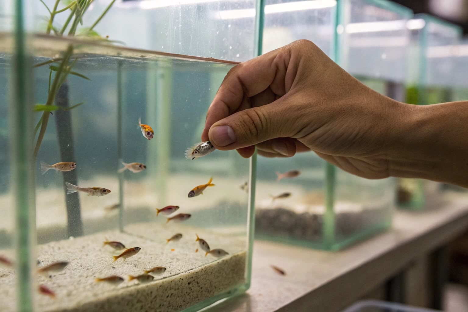 A betta breeder carefully observing a tank of tiny fry