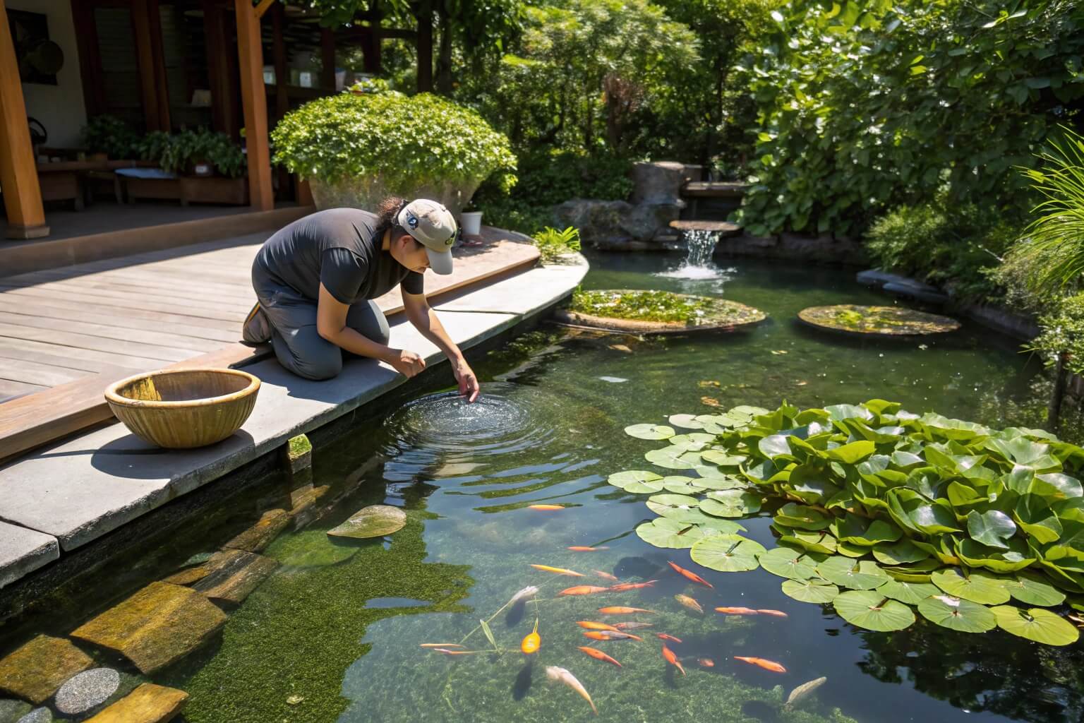 A person cleaning a backyard fish pond with proper tools