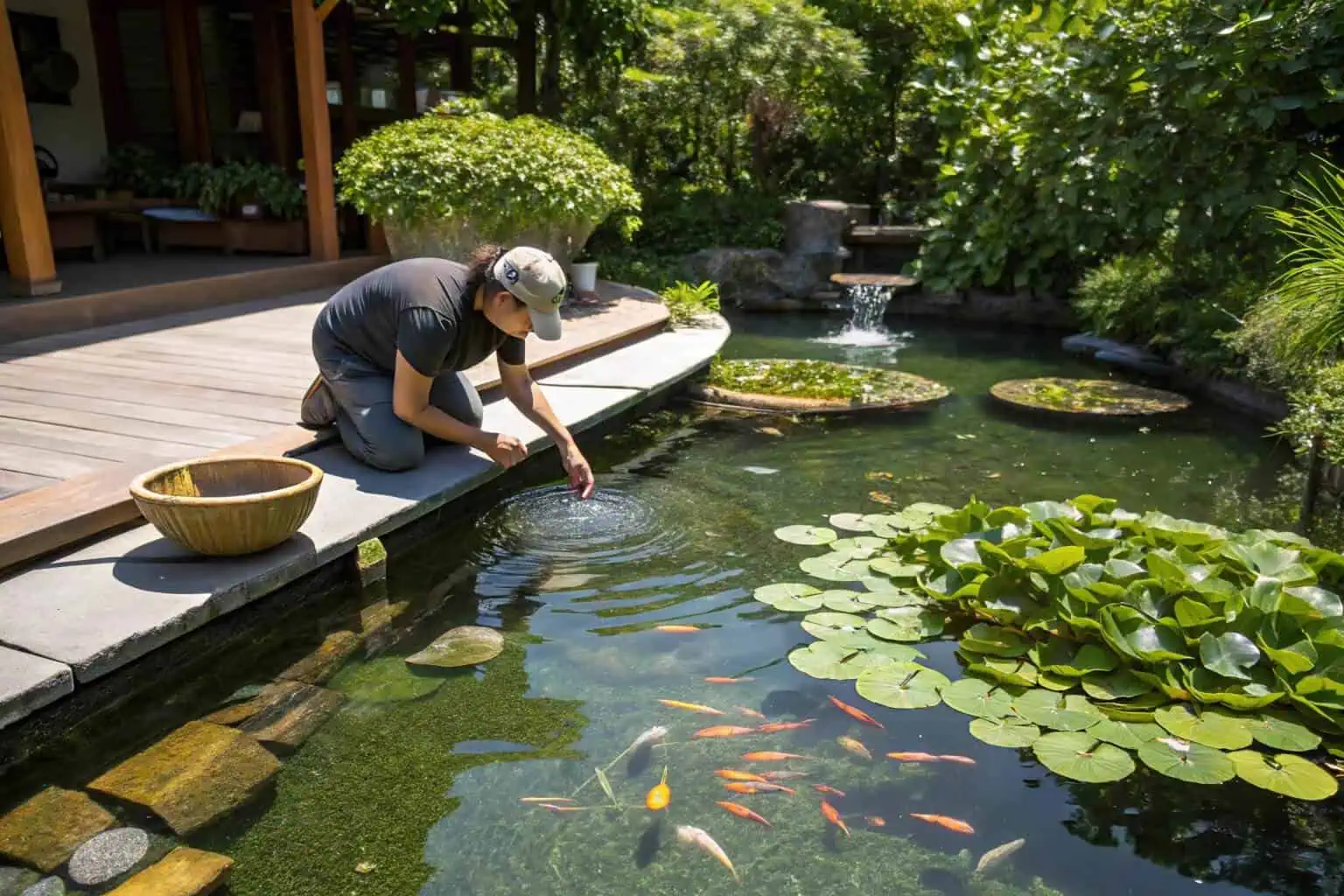 A person cleaning a backyard fish pond with proper tools