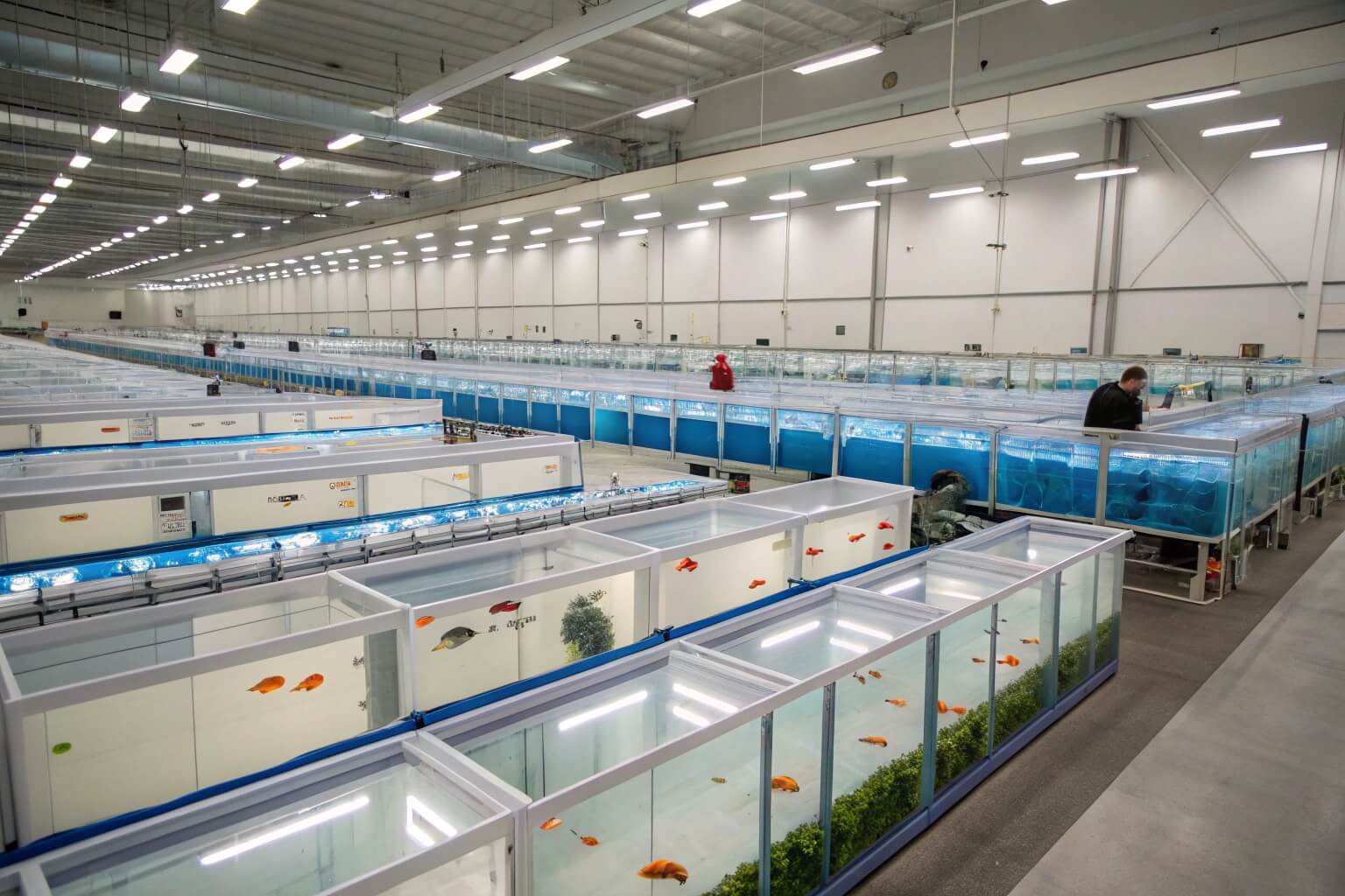An organized betta fish farm with multiple tanks and jars