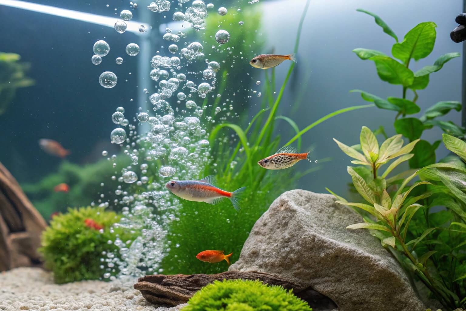 Close-up of a clean and vibrant home aquarium
