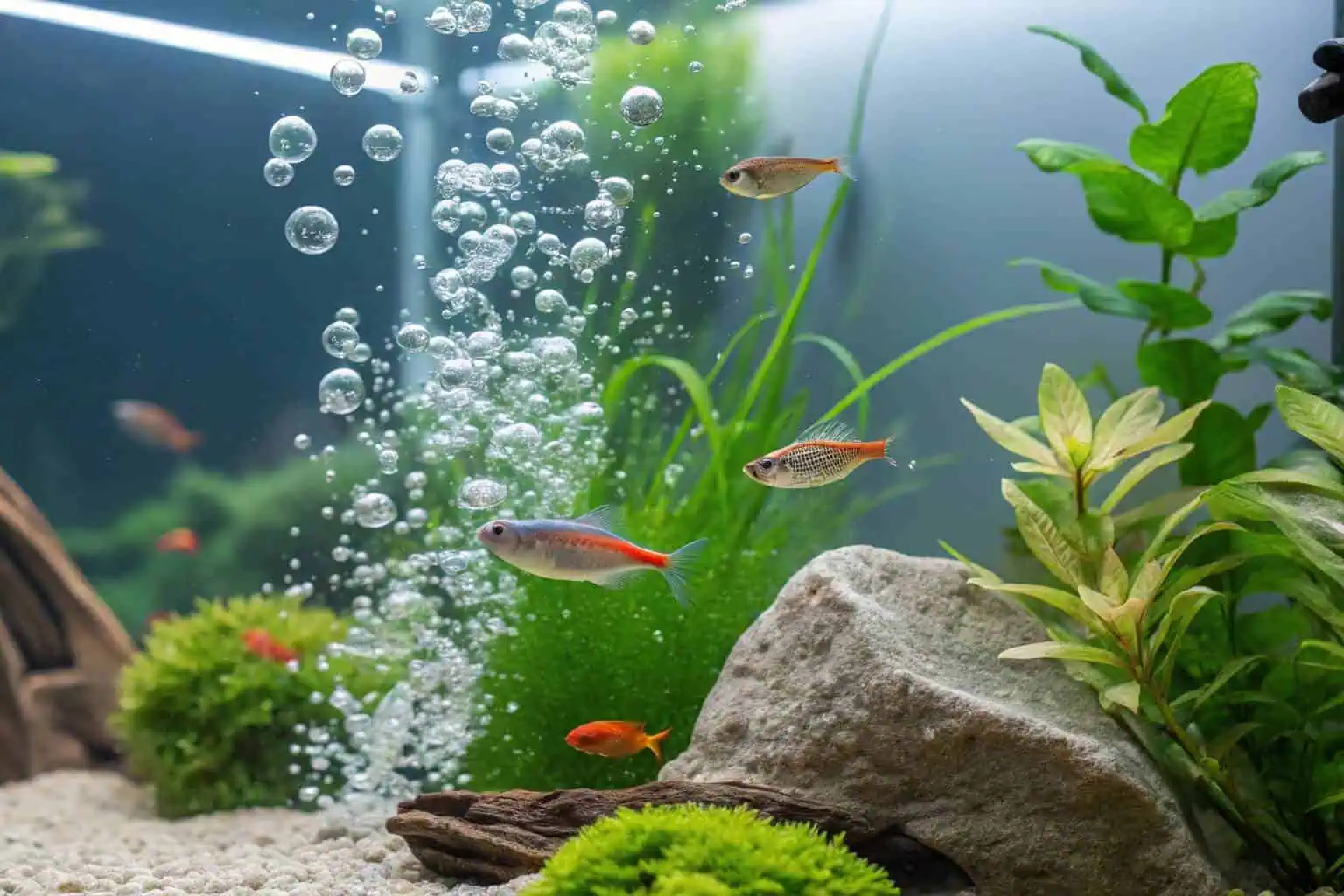 Close-up of a clean and vibrant home aquarium