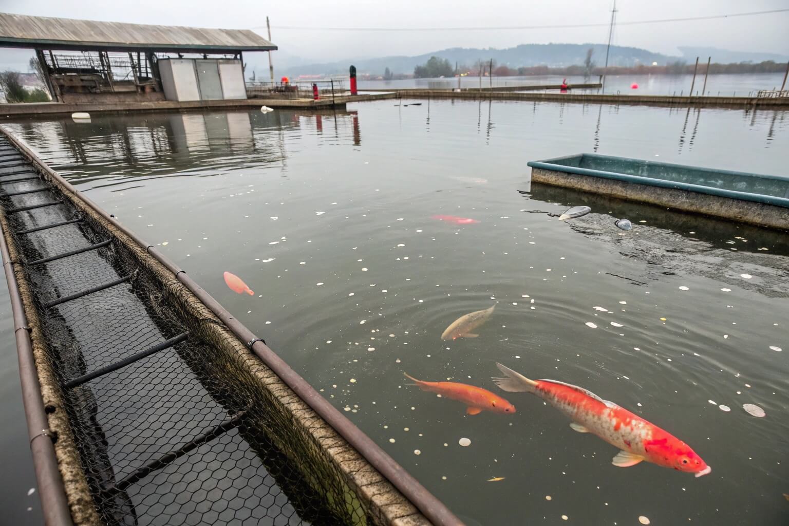 Illustration of common aquaculture problems like pollution or disease