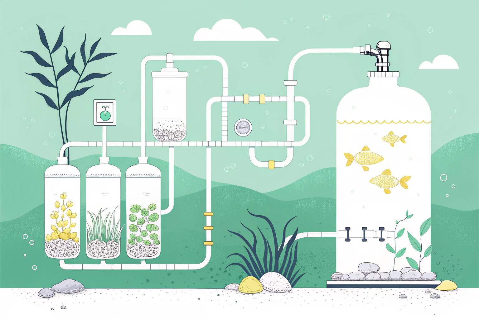 A diagram or image of a constructed wetland or bioremediation system, separate from food farms
