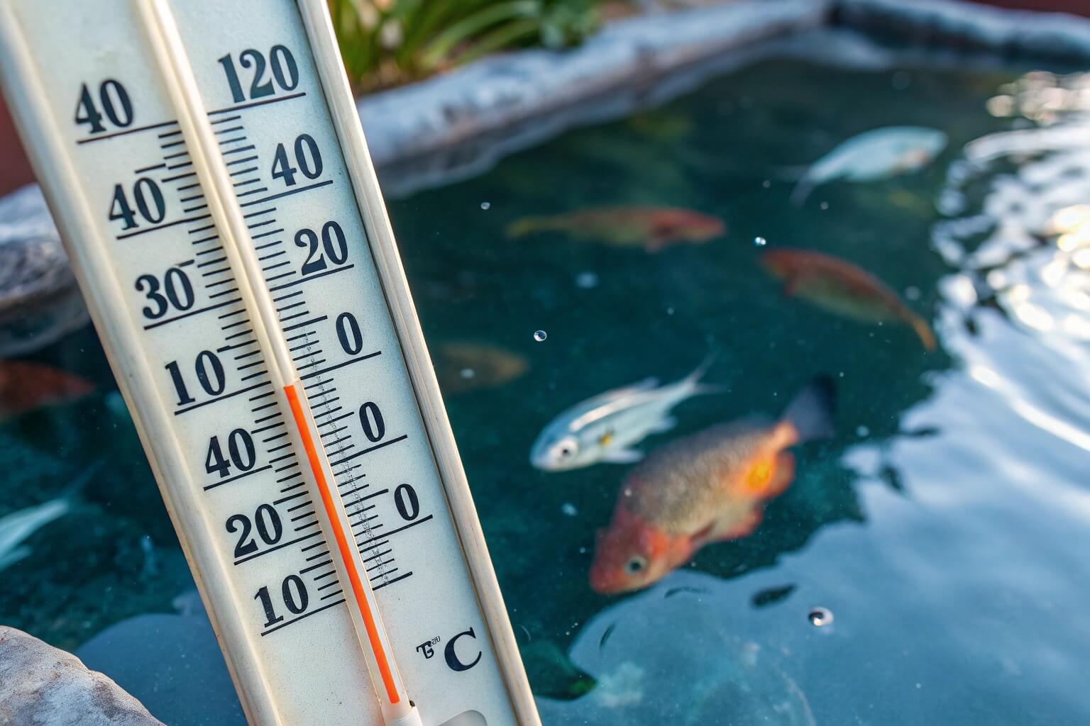 Hand holding a pond thermometer indicating water temperature below 10 Celsius