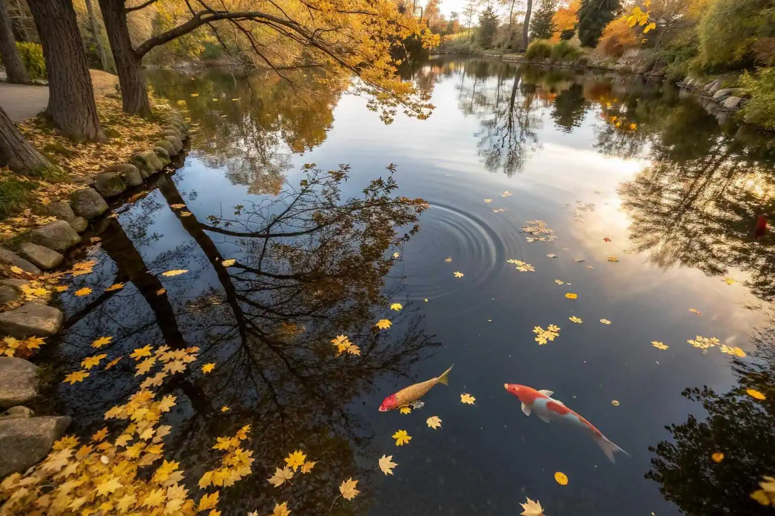 alt with keywords: fish pond in autumn with falling leaves