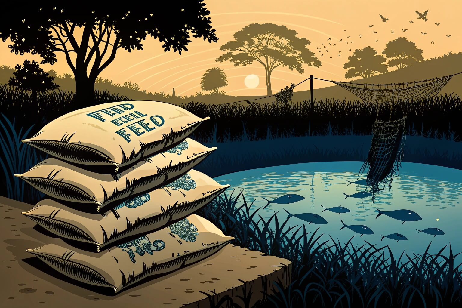 Bags of catfish feed next to a pond in Ghana