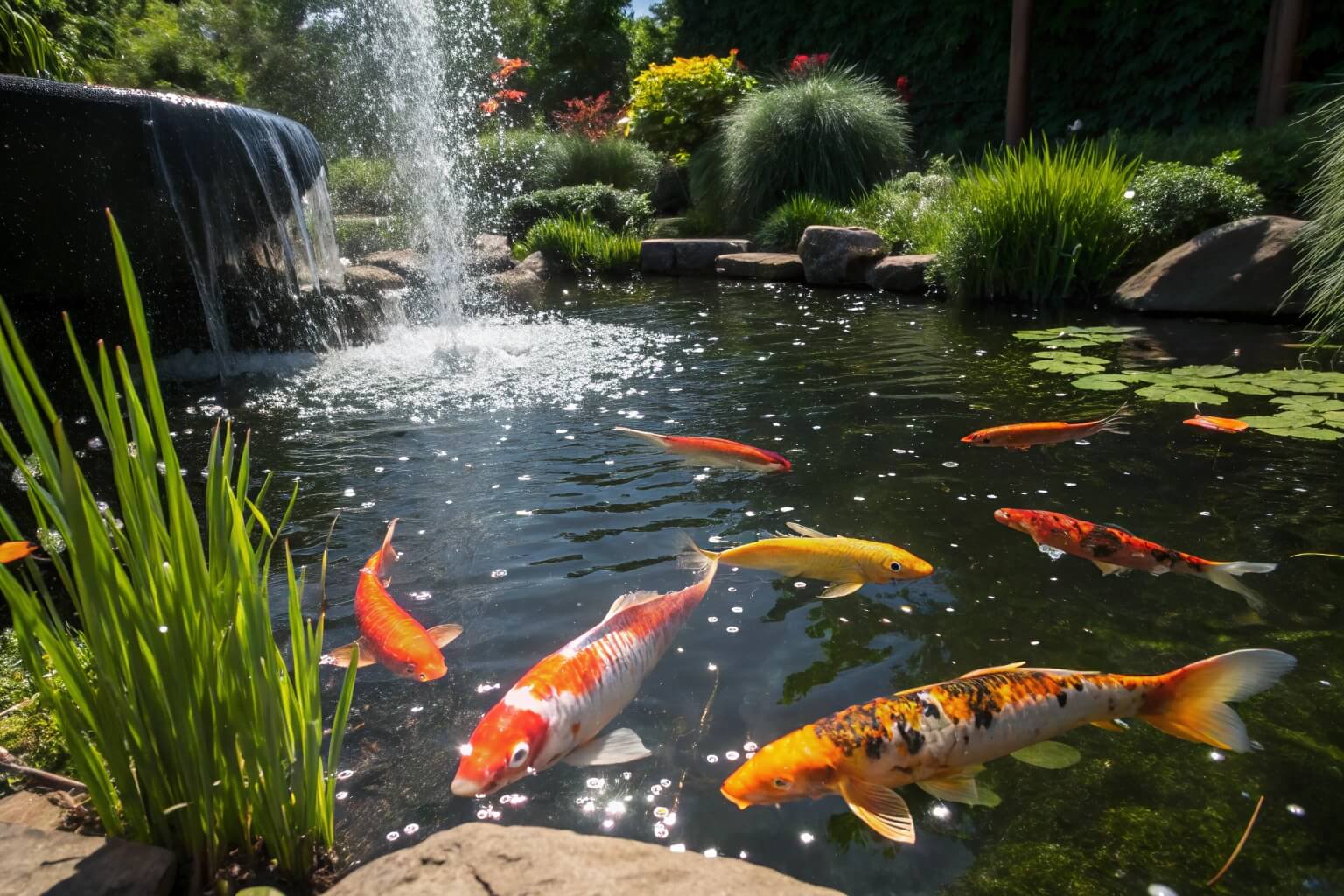 Close-up of colorful pond fish eagerly awaiting food in summer