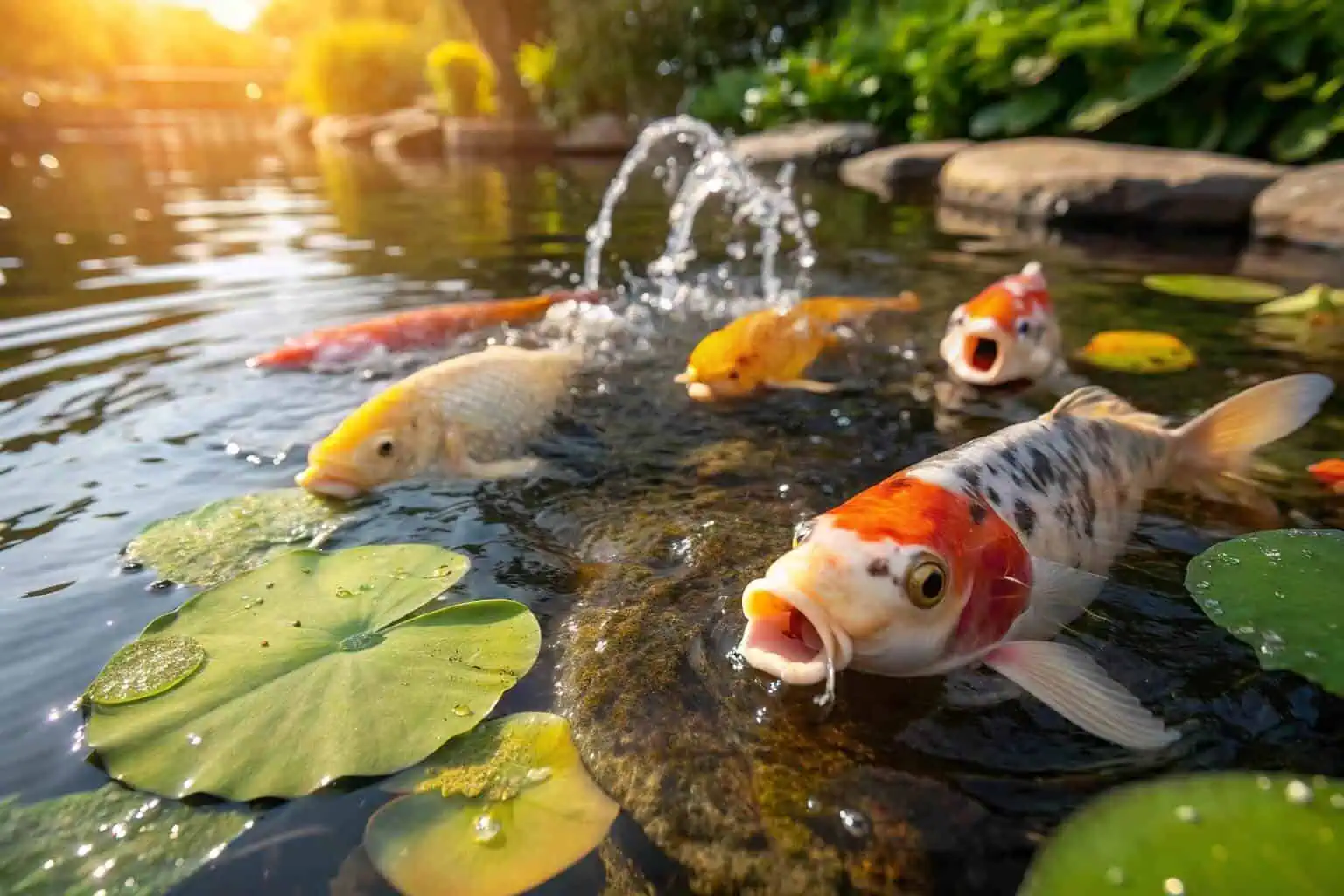 alt with keywords: active pond fish feeding in summer