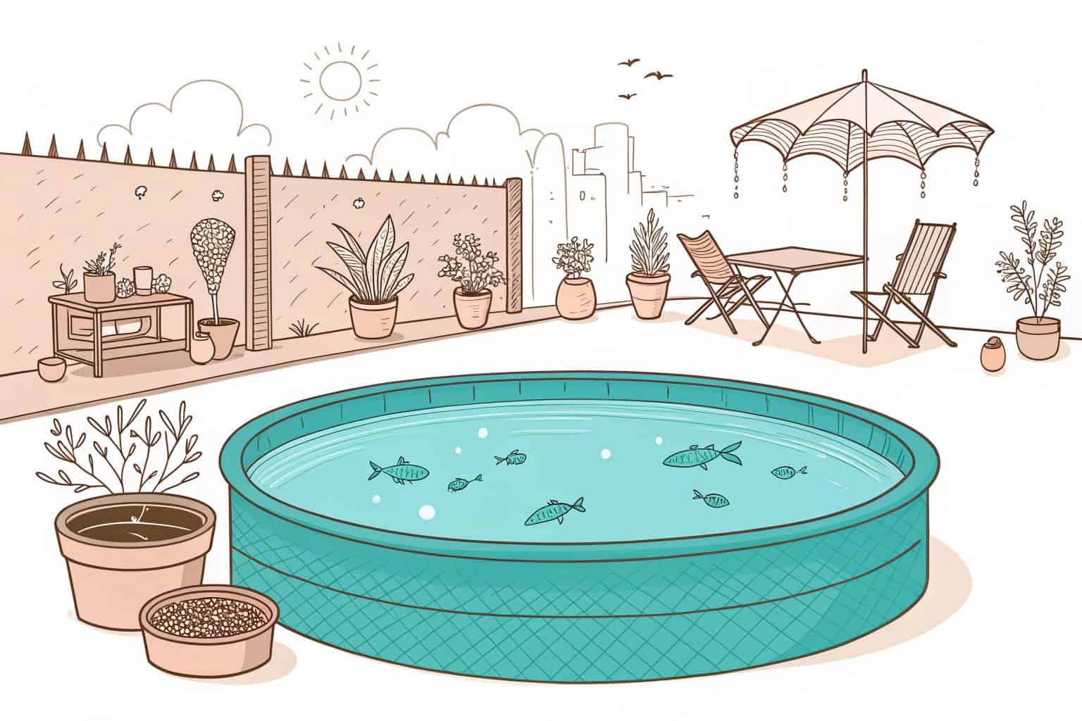 A collapsible fish tank in a backyard setting