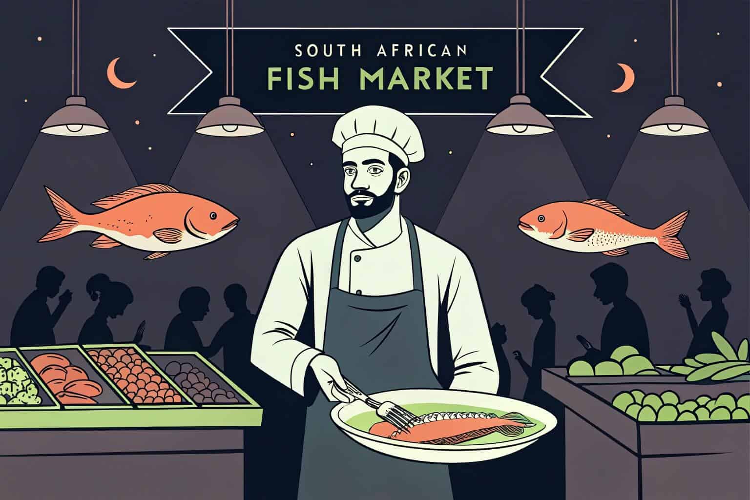 Market stall with various fish species in South Africa