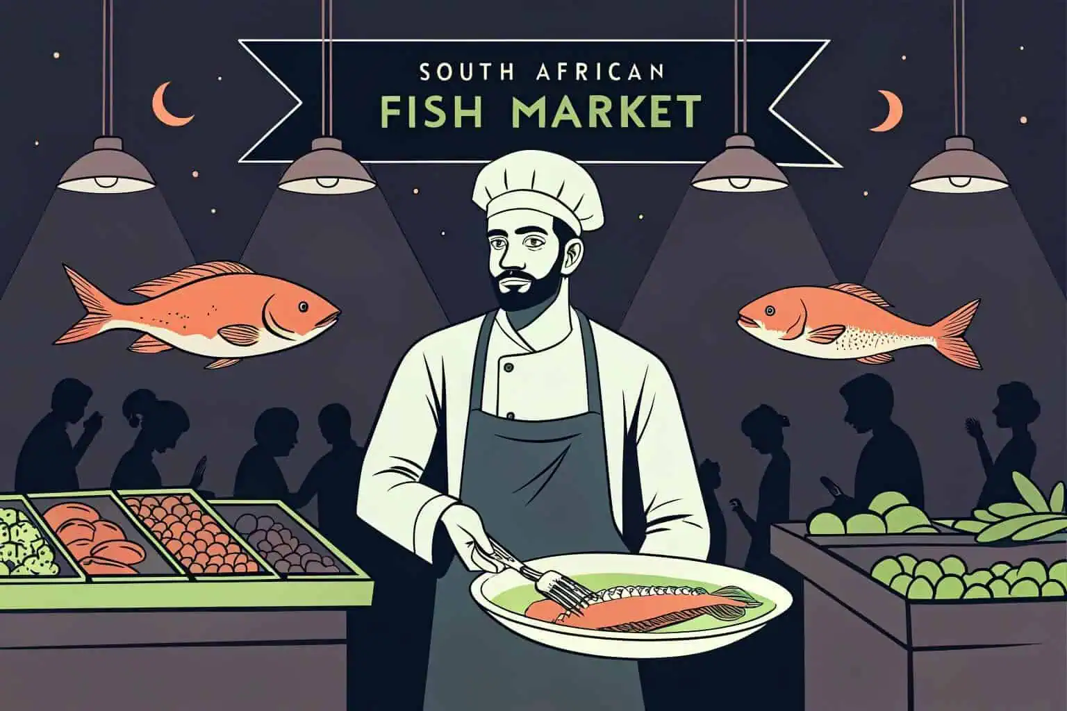 Market stall with various fish species in South Africa