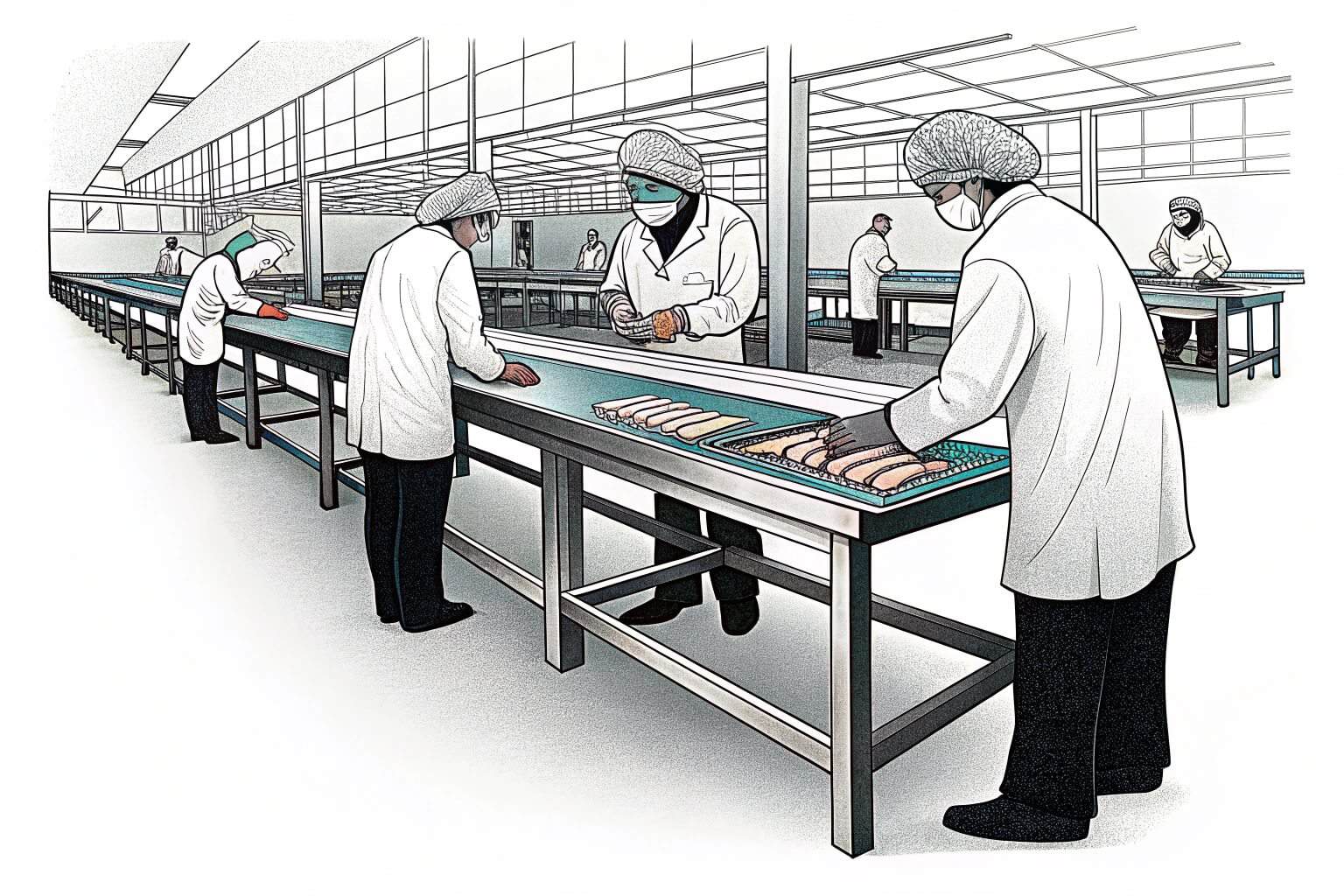 Workers processing fish fillets in a clean facility