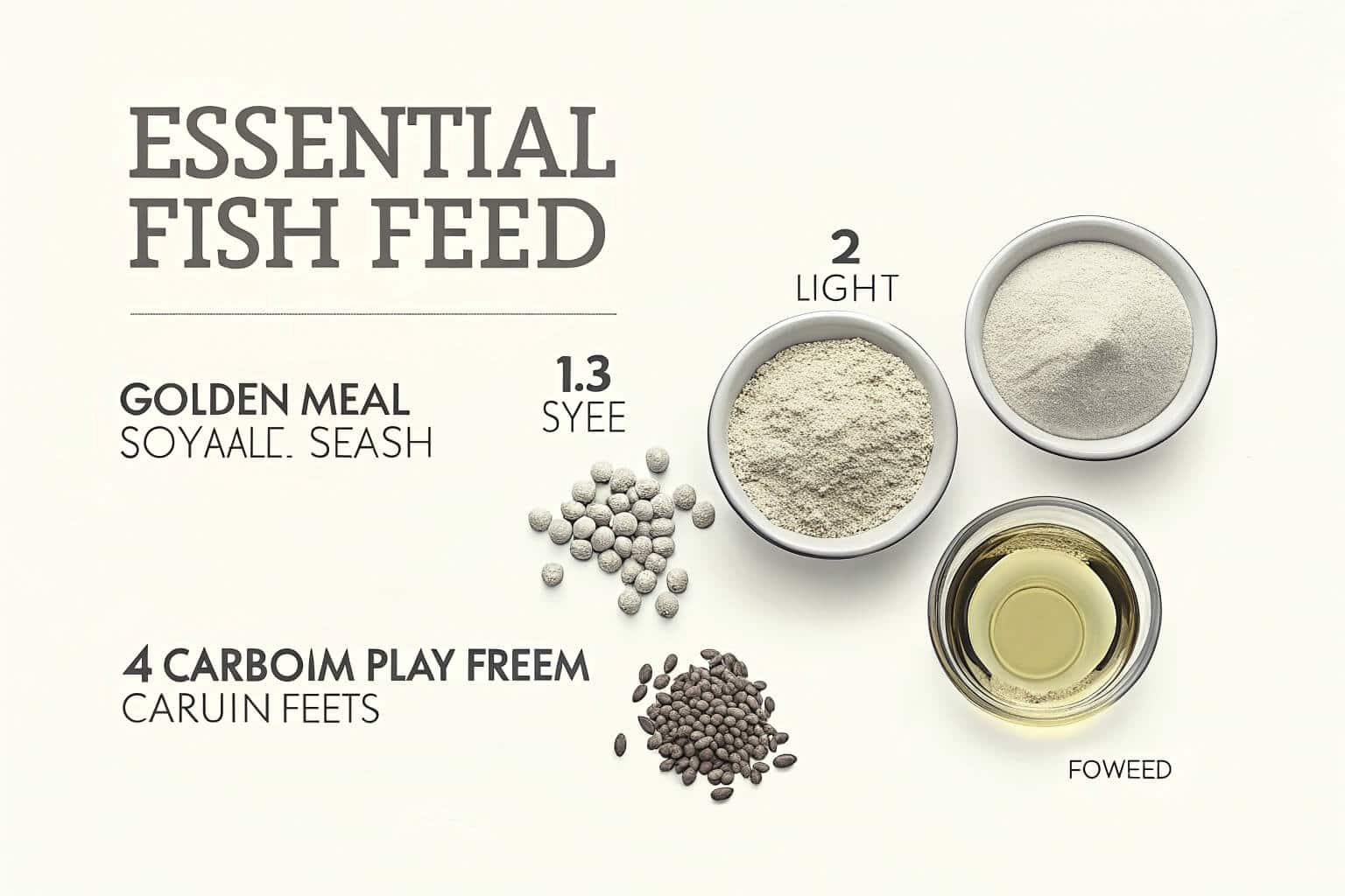 Display of core fish feed ingredients: grains, protein meal, oils, vitamins