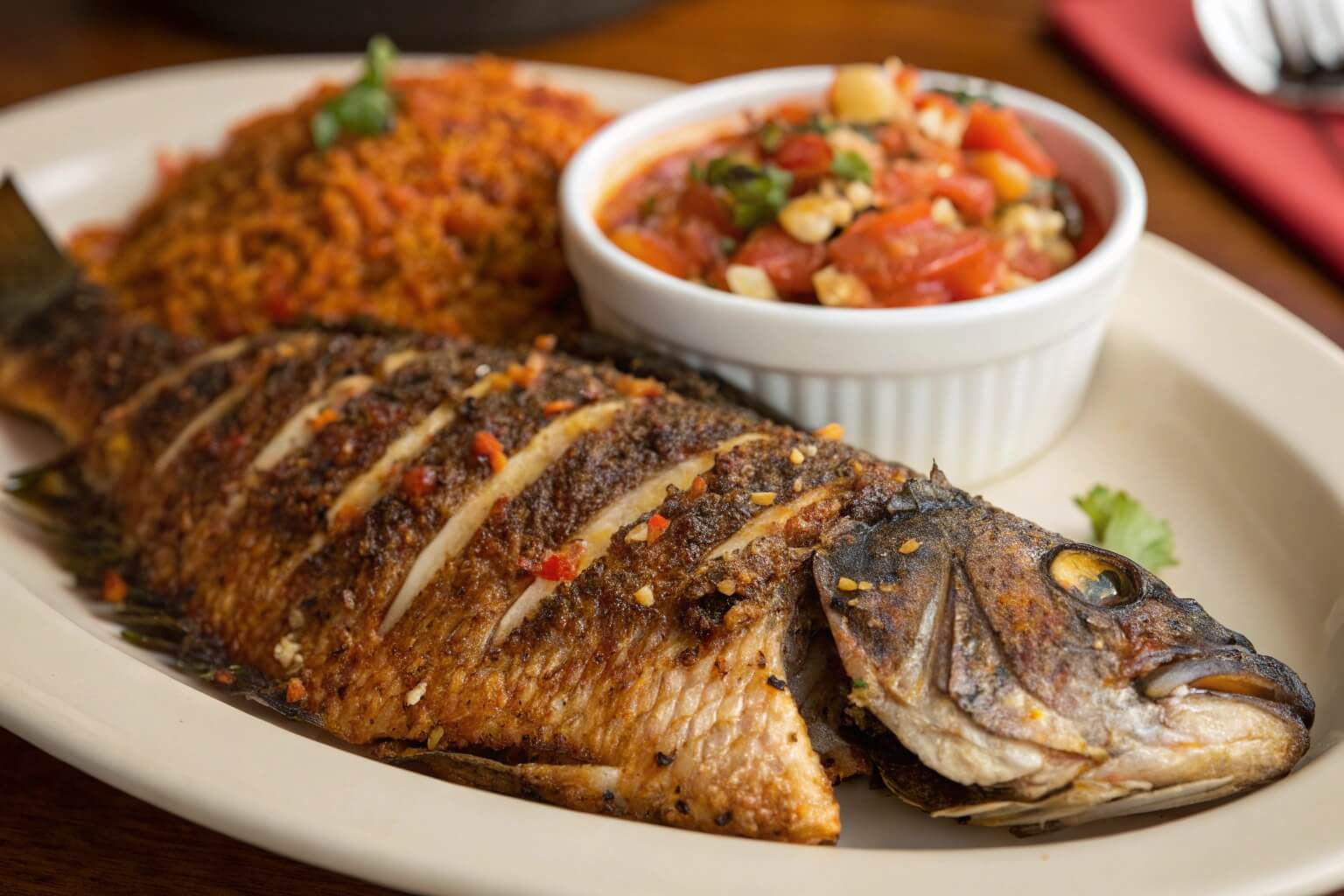 Grilled tilapia, a popular dish in Ghana