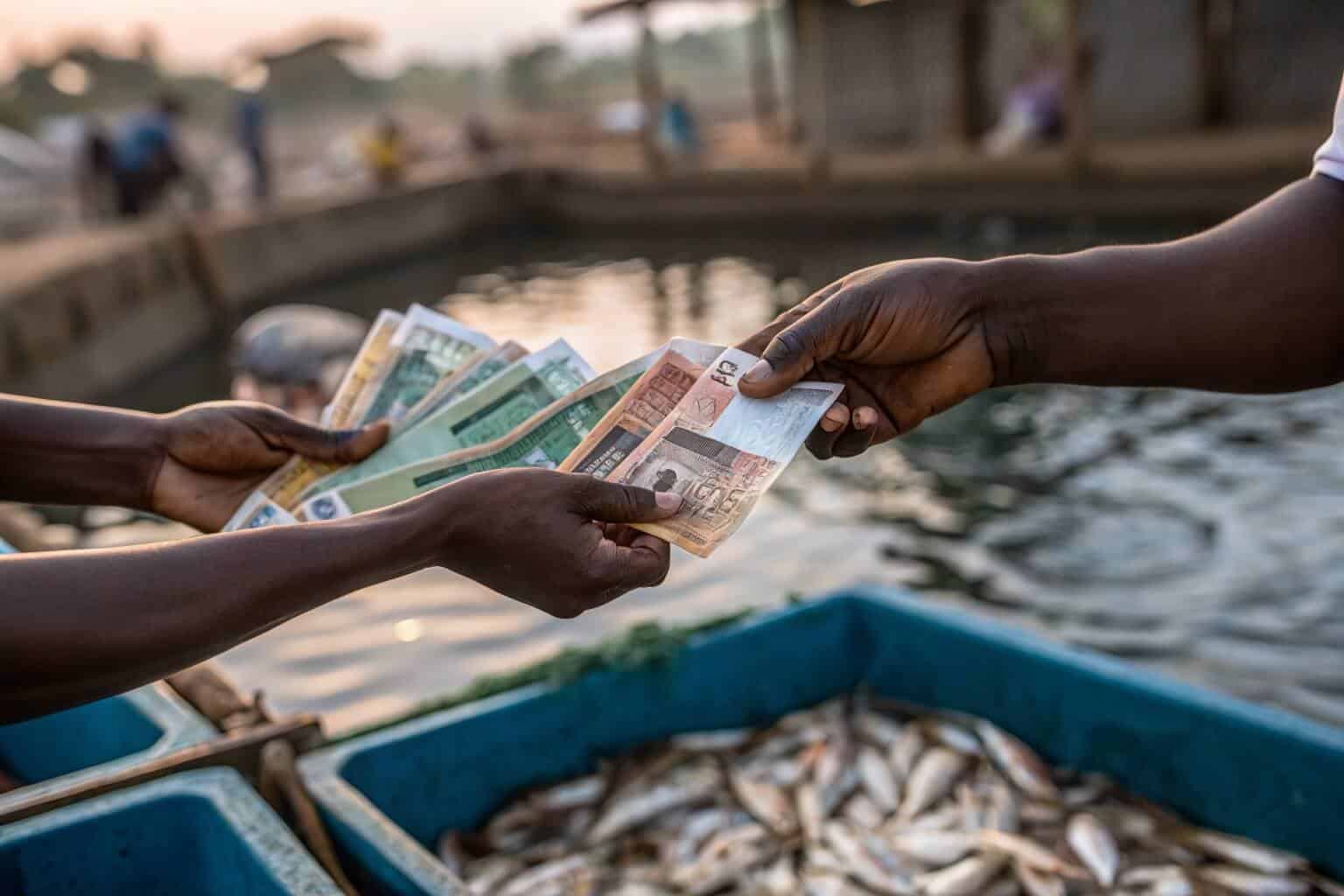 Ghanaian cedi notes with fish in background