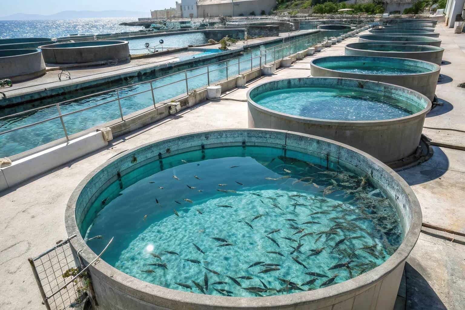 An image of a fish farm with text overlay saying 'Pisciculture = Fish Farming'.
