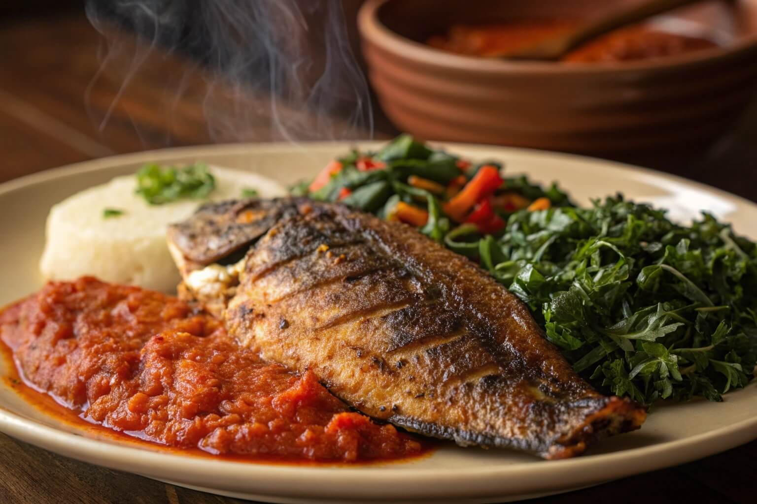 A delicious plate of Banku with grilled Tilapia and pepper sauce