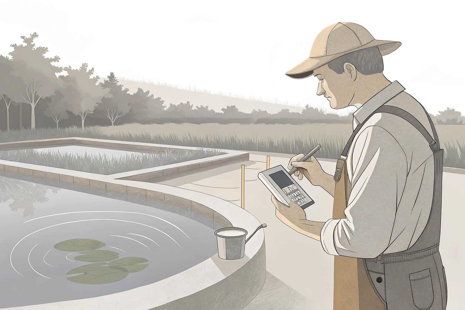 A farmer inspecting the water quality of their fish pond