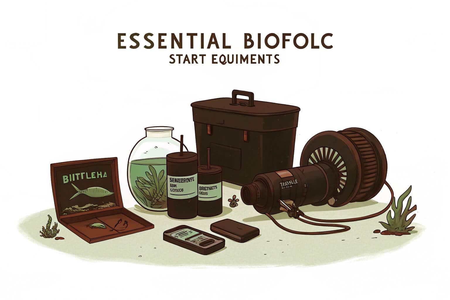 A complete biofloc setup with tank, aerator, and supplies