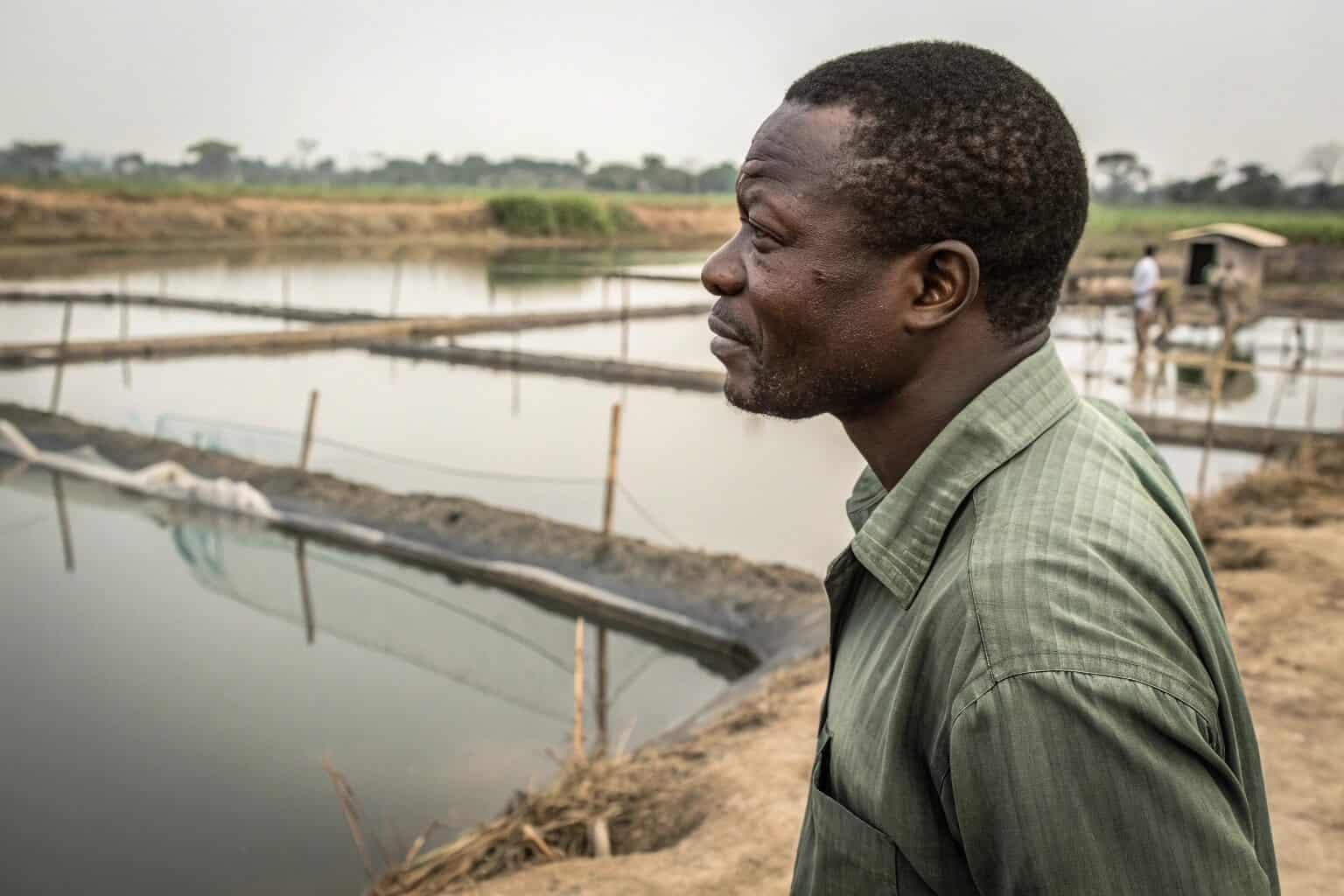 Ghanaian fish farmer looking concerned by a pond