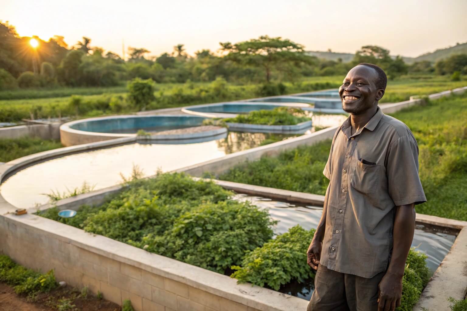 Farmer tending to a Bancy collapsible fish pond in Ghana