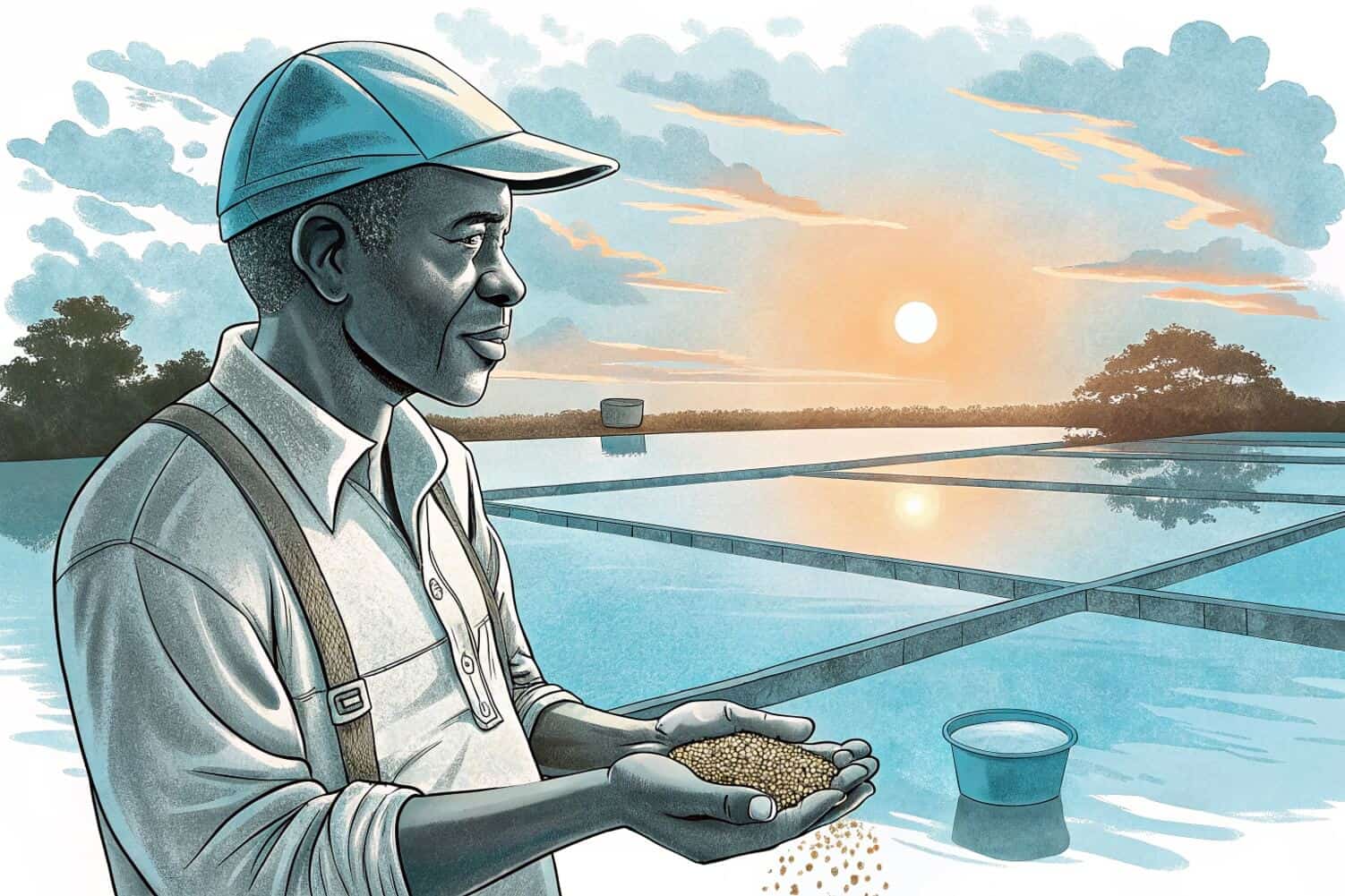 A Ghanaian fish farmer considering feed options