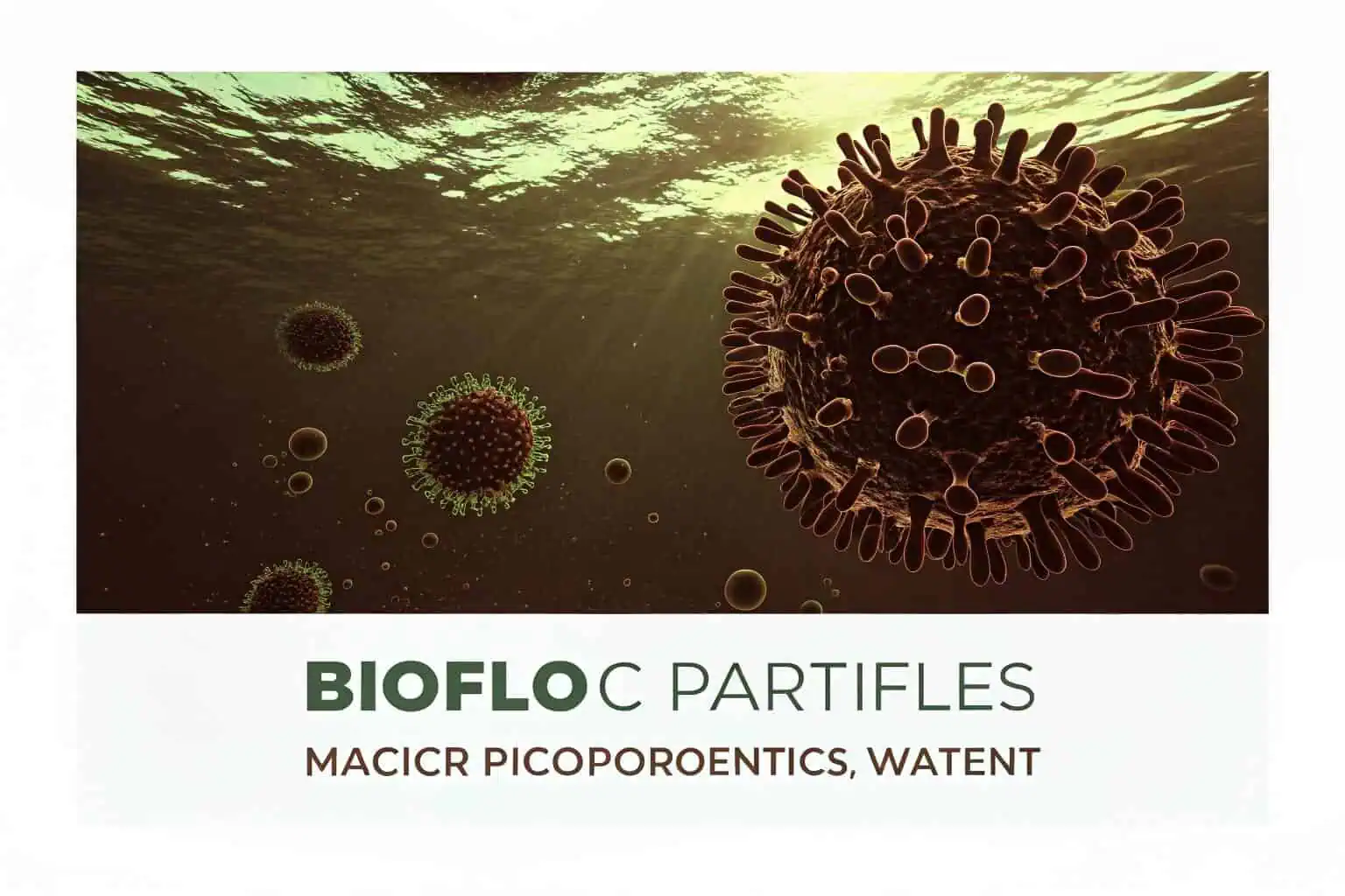 Close-up of biofloc particles suspended in water