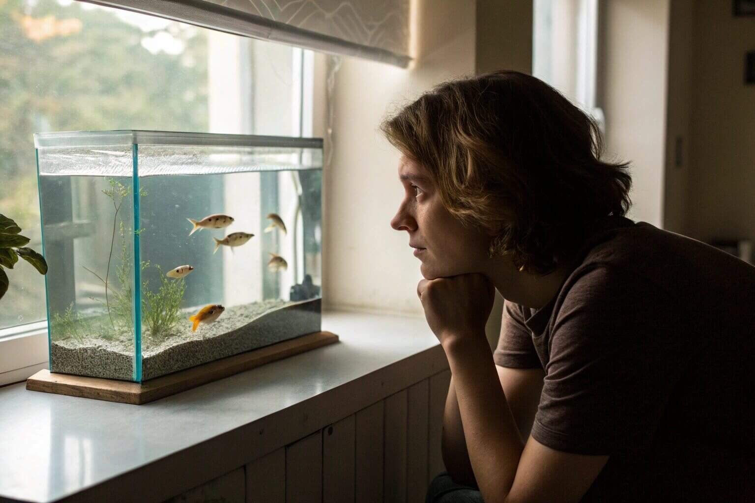 A school of Tilapia swimming in a clear water tank