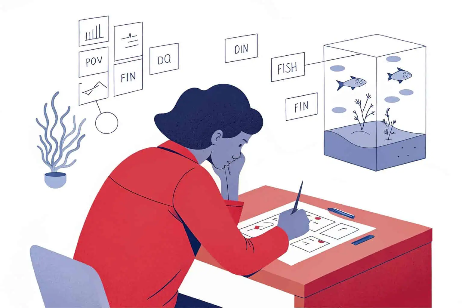 A person drafting a business plan with fish tanks in the background
