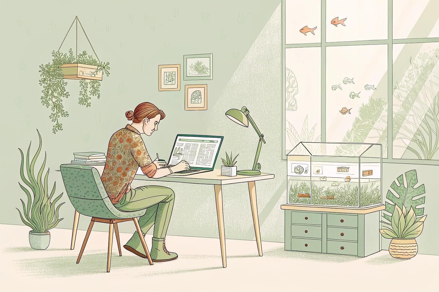 A person working on a laptop with fish tanks in the background, planning the business