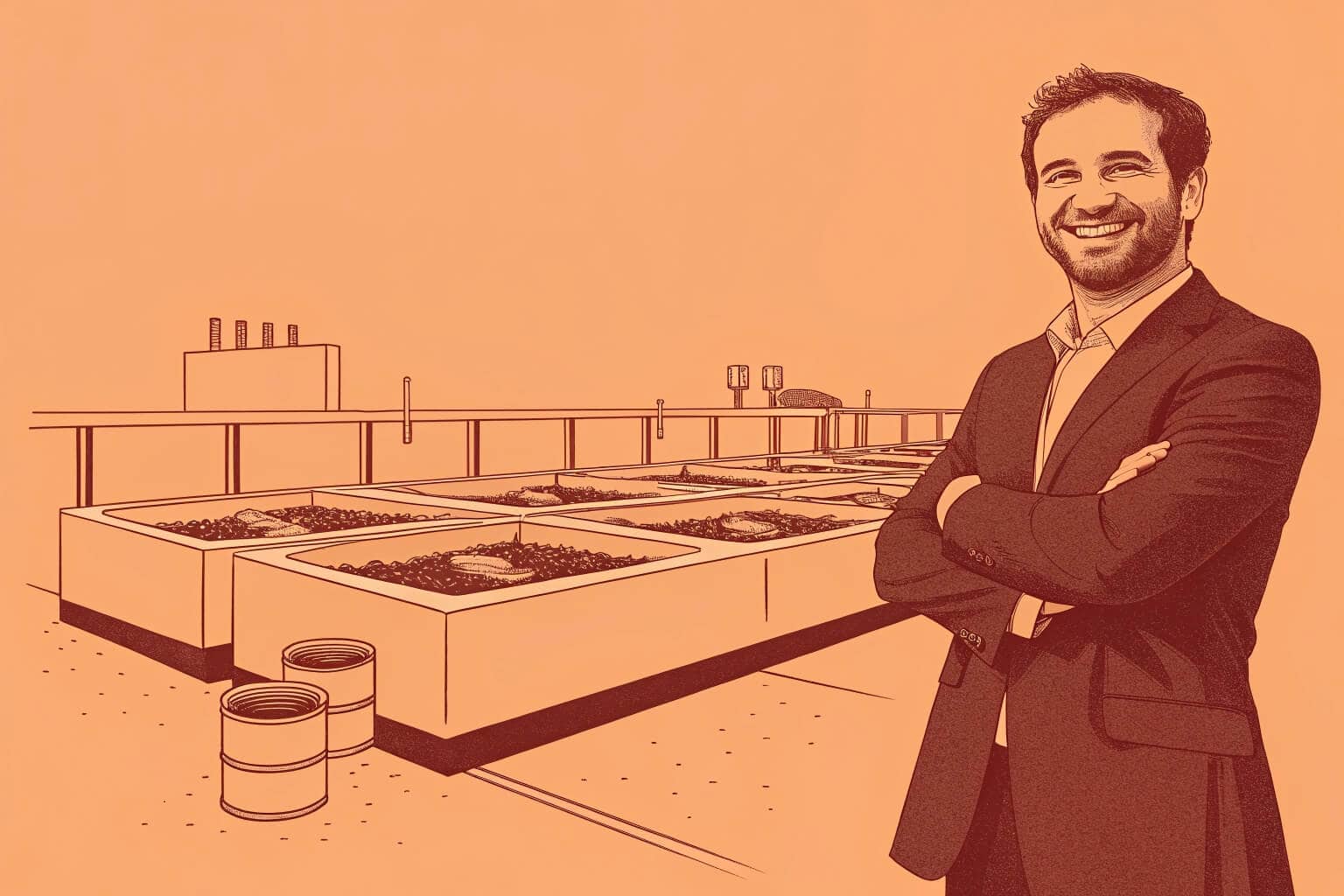 An entrepreneur standing proudly next to their collapsible fish tank setup