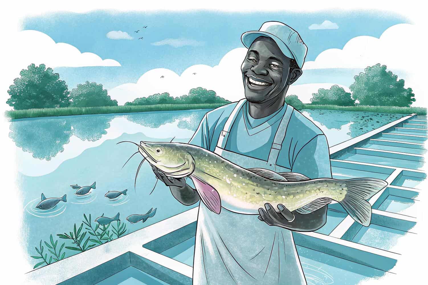 Smiling fish farmer holding a large catfish