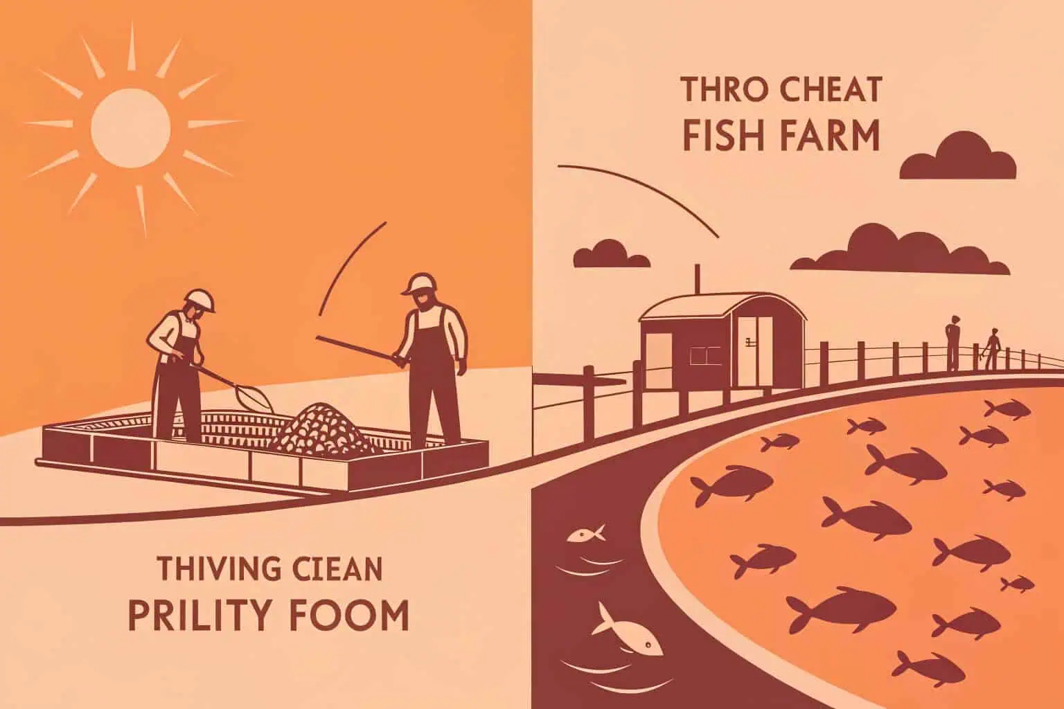 A split image showing a bustling fish farm on one side and a pristine ocean on the other