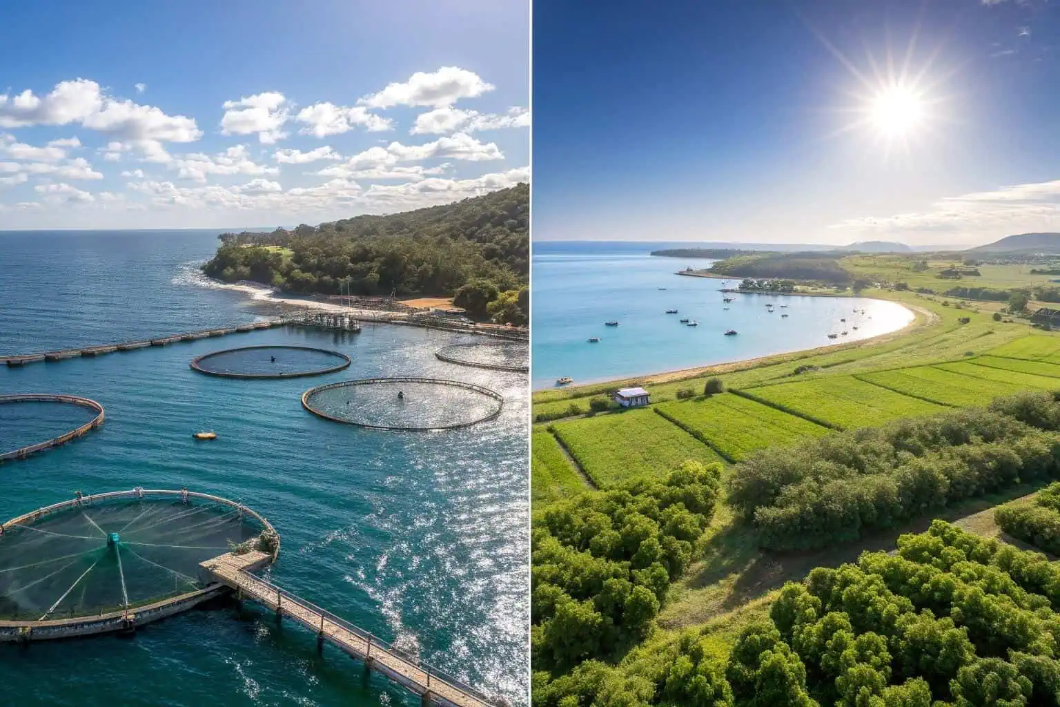 A split image showing a saltwater mariculture setup on one side and a freshwater pond on the other.