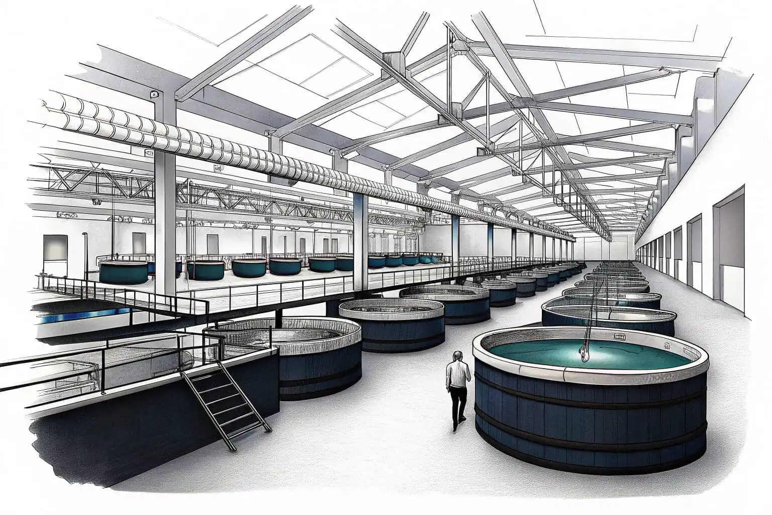 A modern indoor fish farm with rows of tanks