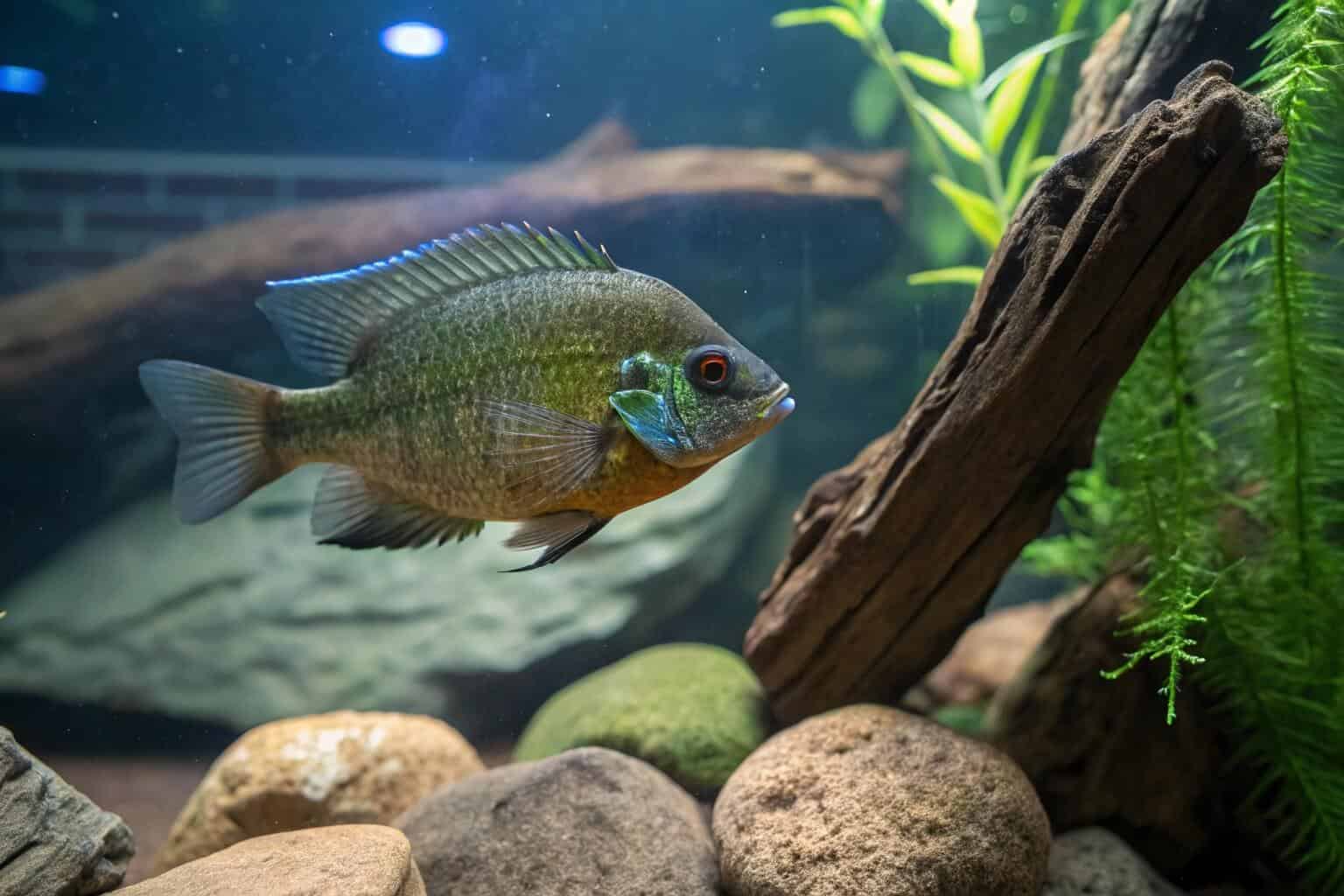 A Bluegill Sunfish swimming near rocks in an aquarium