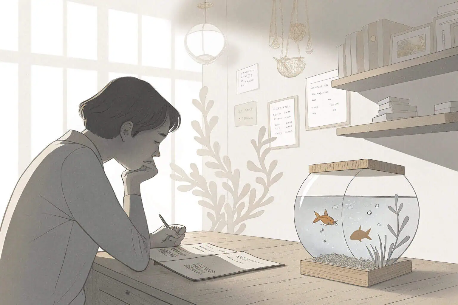 A person looking thoughtfully at a small, clean fish tank with a few fish swimming inside